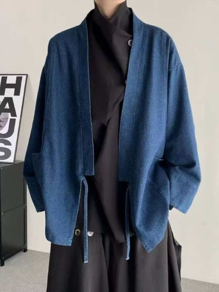 Crop Cardigan Vintage - Mantel Denim Gaya Jepang Vintage Pria