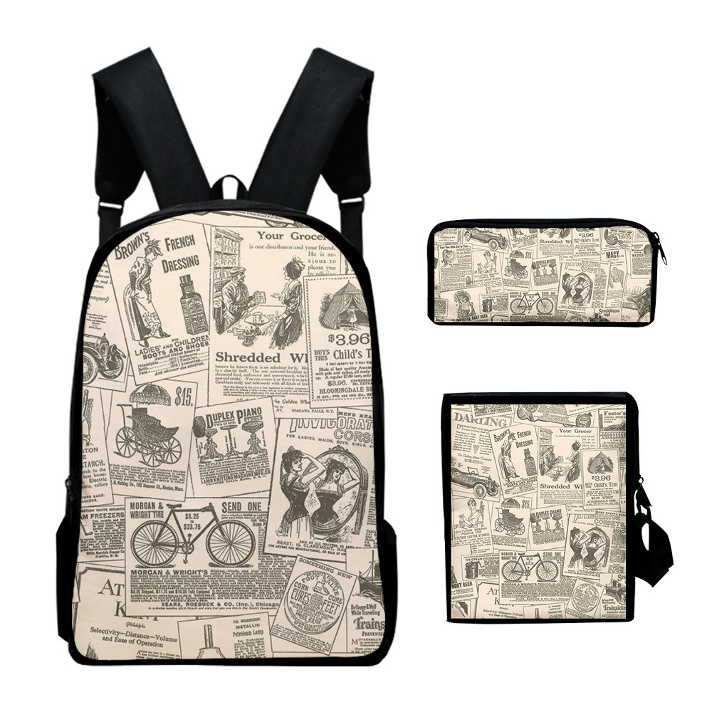 Vintage Fashion Newspaper - Tas Sekolah Siswa 3 Buah/Set Gambar