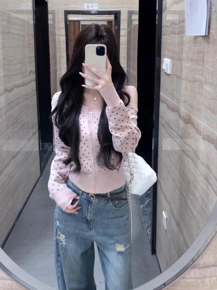Kardigan Polkadot Kerah Miring - Crop Cardigan Vintage ulasan dan harga