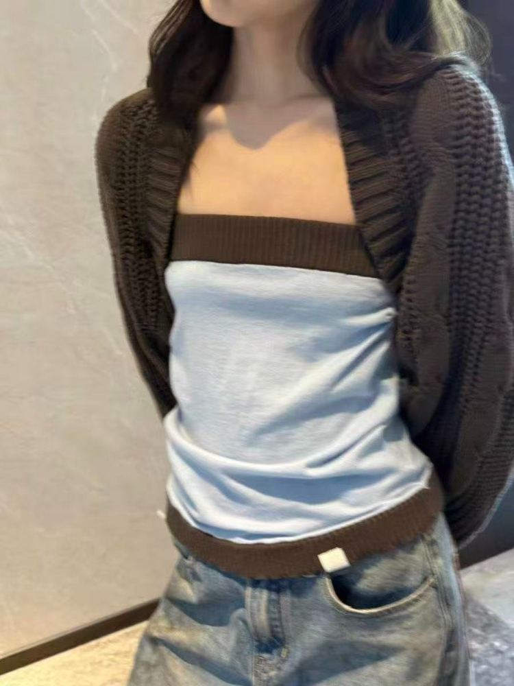 Set Dua Potong Rajutan Estetik - Crop Cardigan Vintage ulasan dan harga