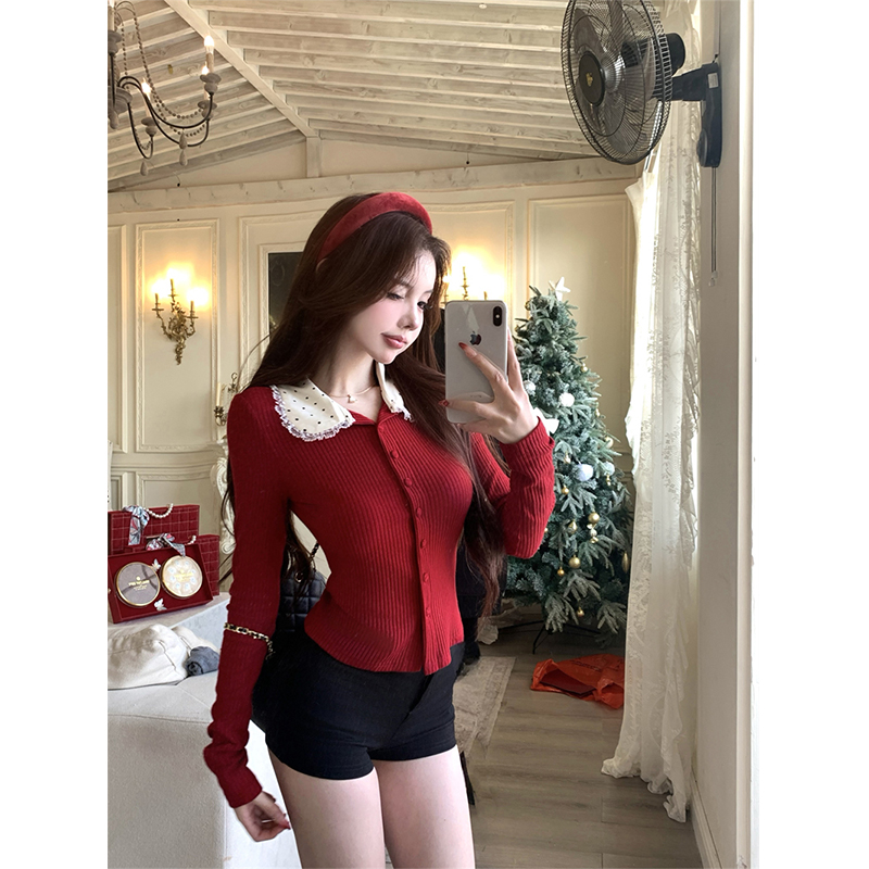 MEXZT Kardigan Rajutan Merah A - Crop Cardigan Vintage ulasan dan harga